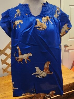 Royal Blue Animal Print Smocked Top